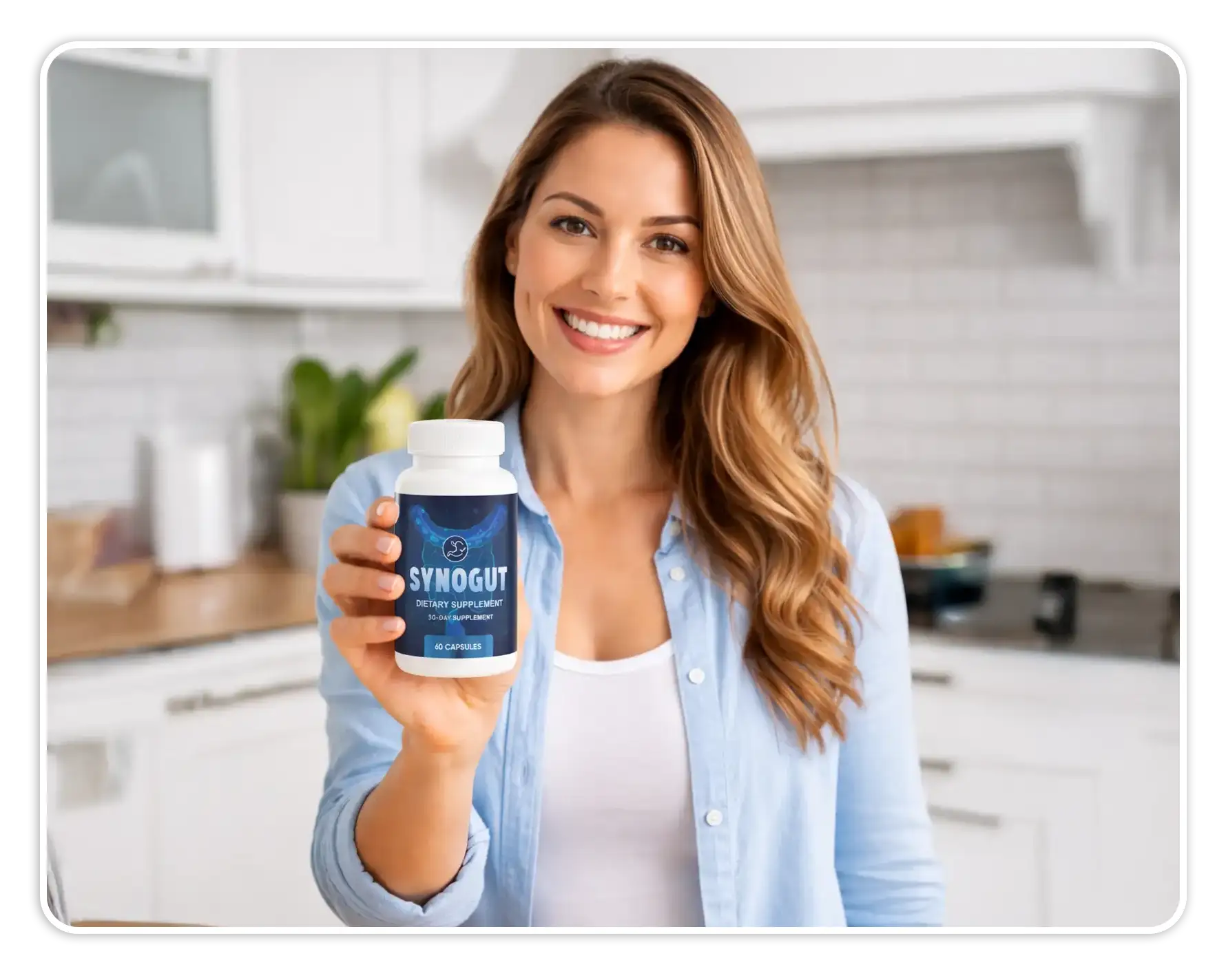 Woman holding SynoGut dietary supplement bottle for daily digestive support